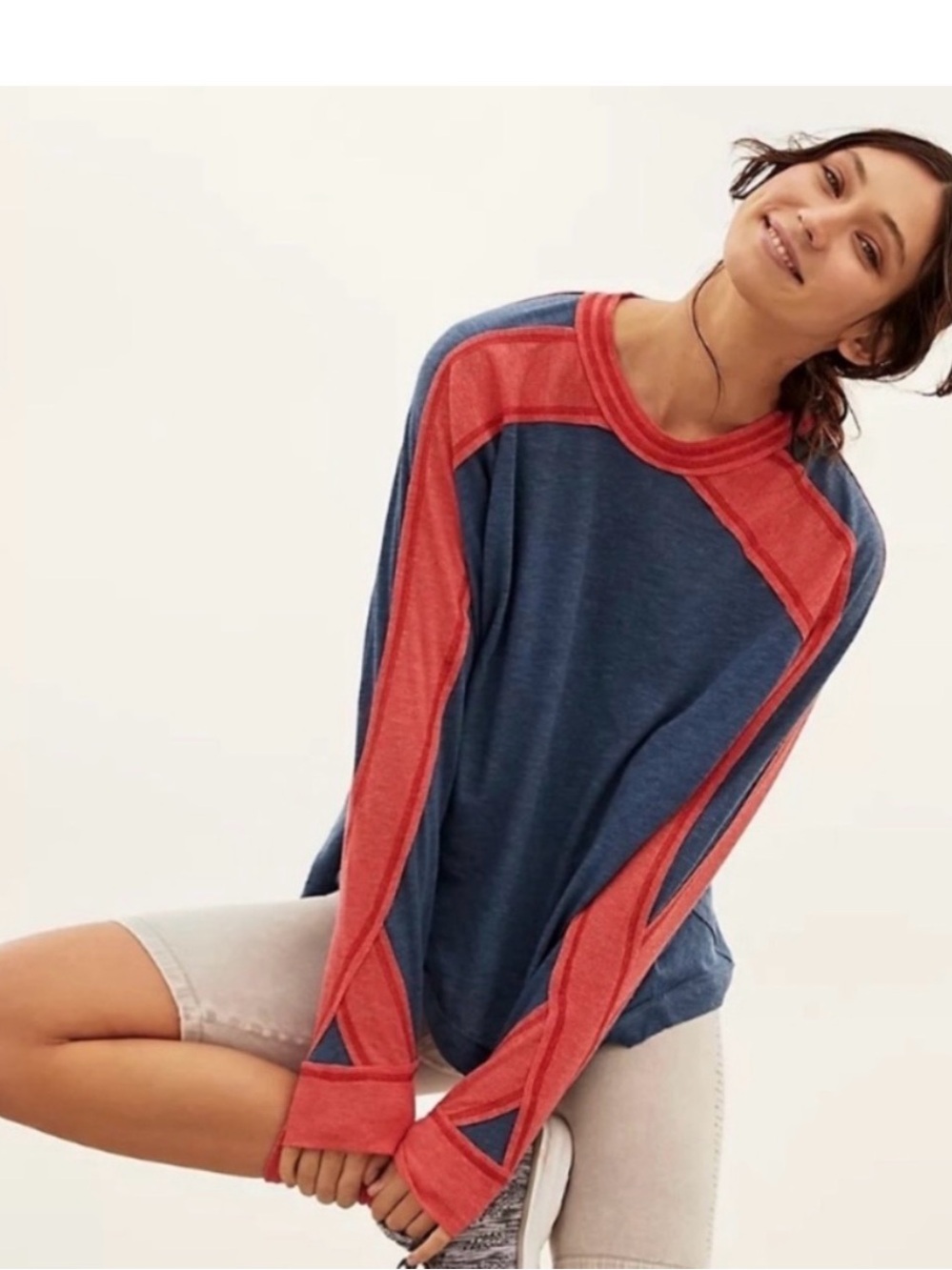Free People Movement Blue and Red Long Sleeve Contrast Pullover Top